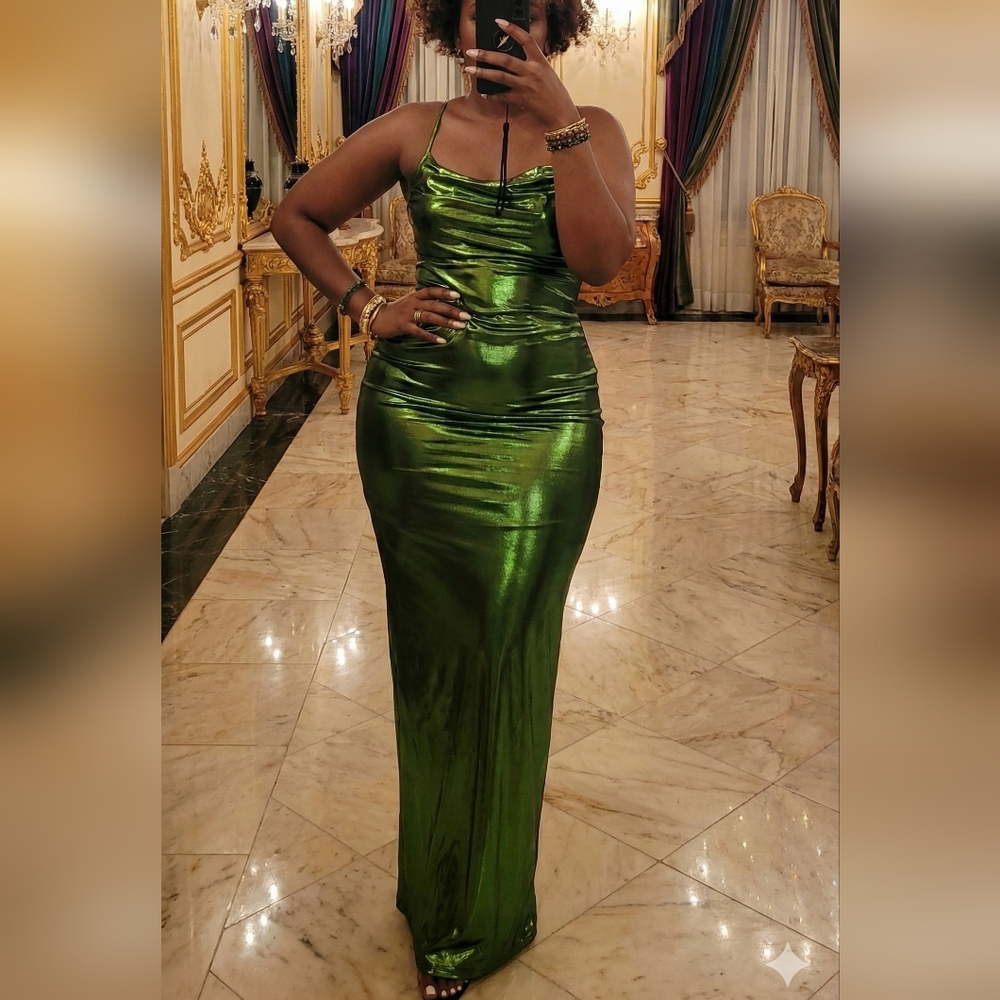Elegant Green Metallic Dress Slit On Side